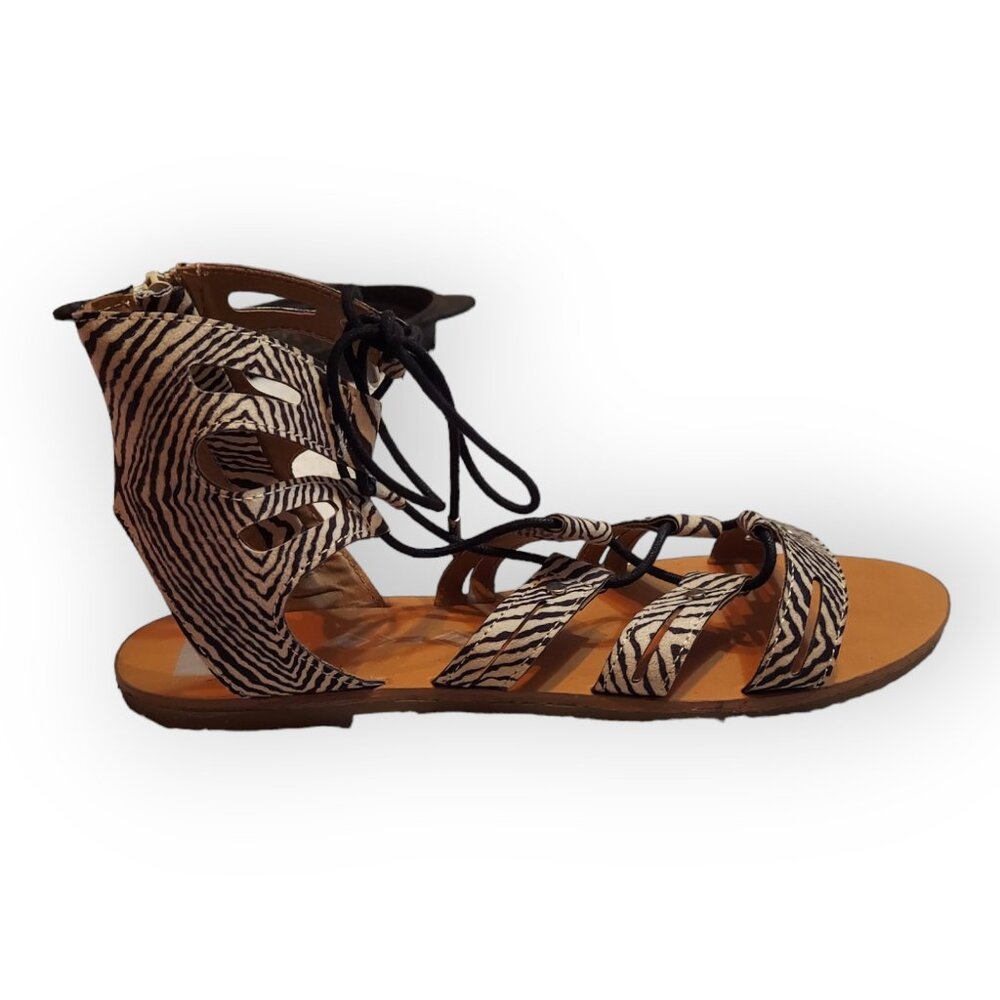 DV Dolce Vita Tan Black Zebra Print Animal Print Lace Up Boho Sandals Size 9